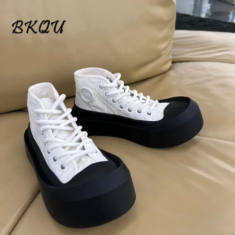 

BKQU Canvas High-top Casual Shoes Women 2024 Trend New Big-head Shoes Lace-up Sports Matching Color Design Sense of High Quality