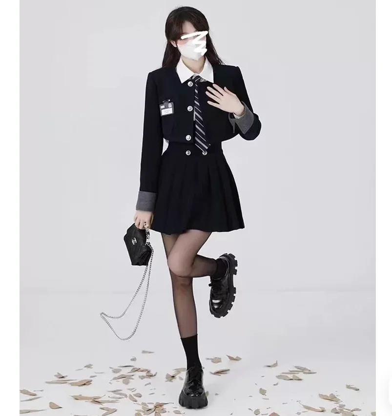 American college style JK uniform short high waist slimming pleated skirt two-piece set
