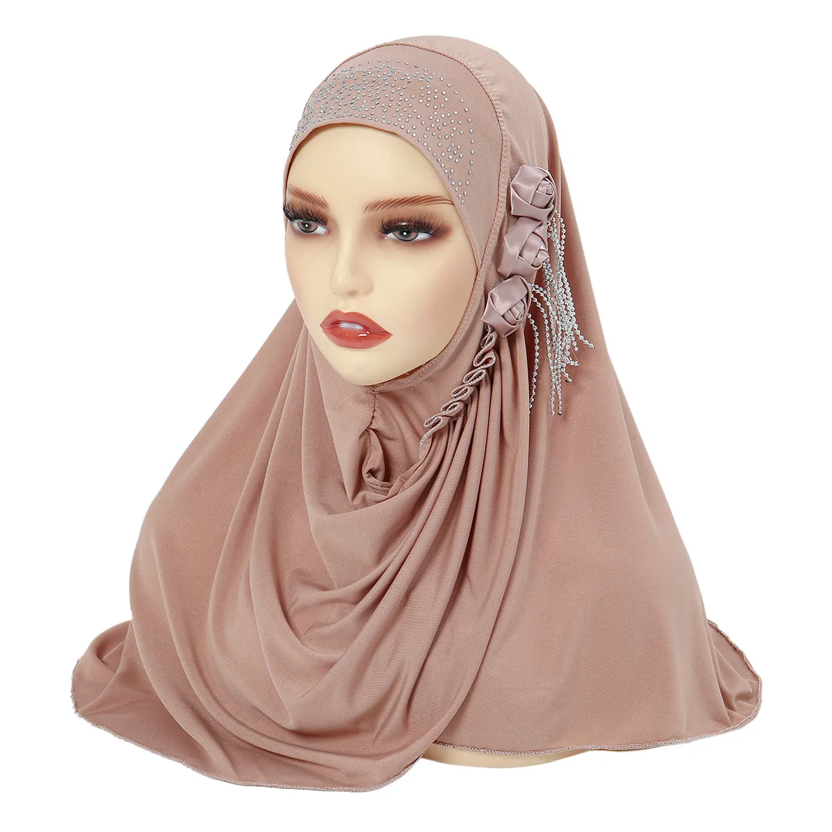 

ramadan Muslim headscarf set with three small flower tassels on the side, women's hood with a large cap