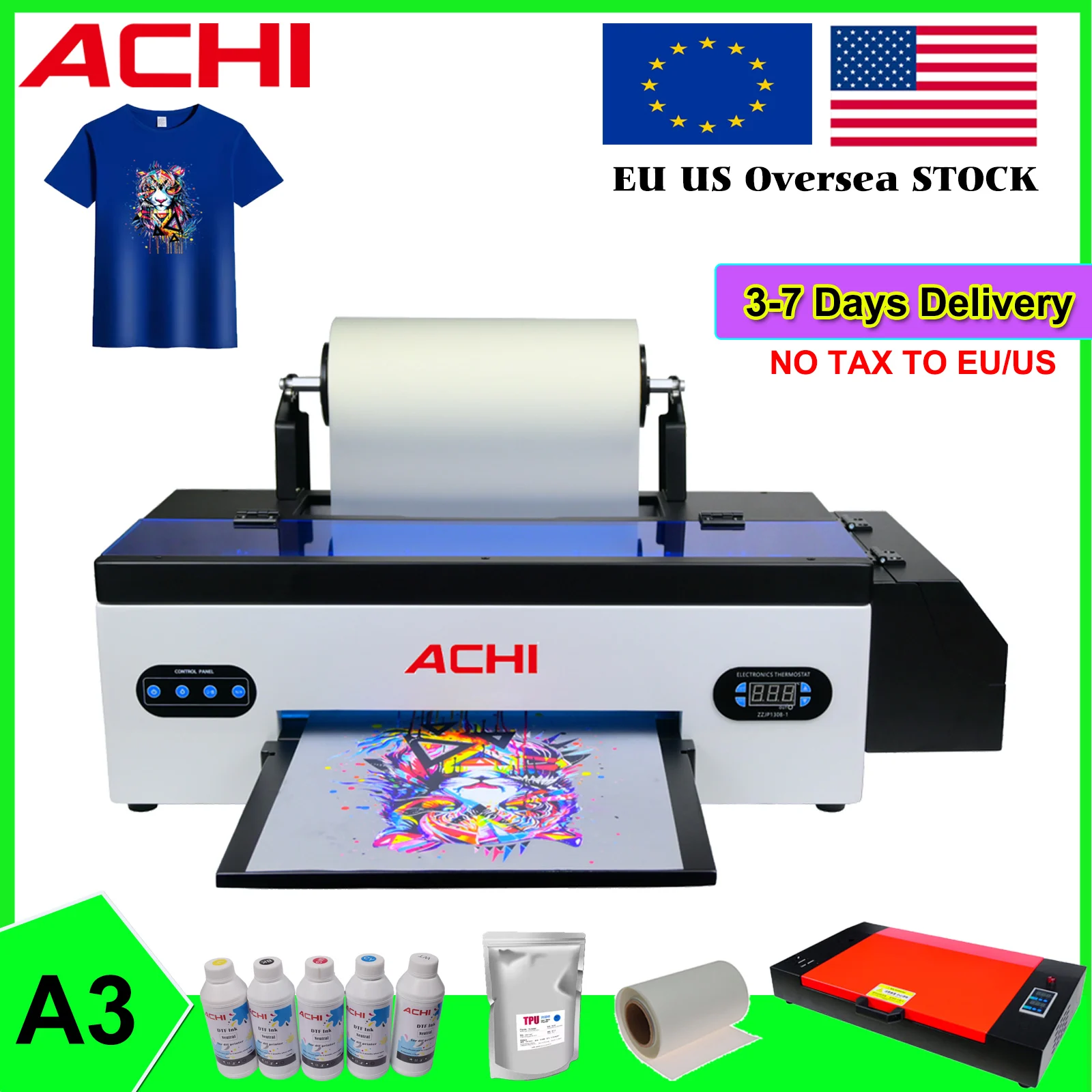 US STOCK ACHI A3 DTF Roll Printer T-shirt Printer for Fabric Hoodies Hat Leather R1390 Head T-Shirt Printer DTG Printer