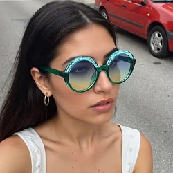 2025 Vintage Sunglasses Women Fashionable Circular Gradient Lens Glasses with Green and Blue Transparent Frame Unique Design