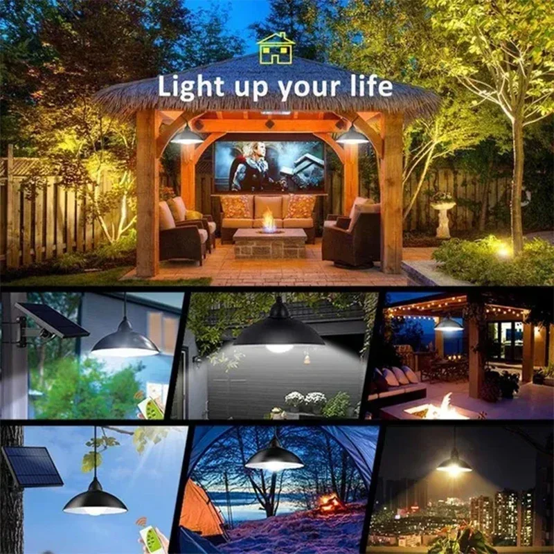 Solar Pendant Light Outdoor Waterproof LED Lamp Double-head Chandelier Decorations with Remote Control for Indoor Shed Barn Room