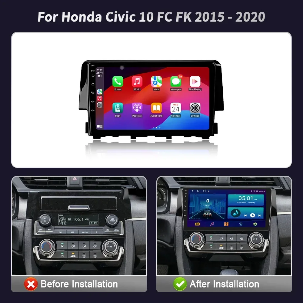 For Honda Civic 10 FC FK 2015 - 2020 Android Bluetooth Wireless CarPlay Screen Stereo Car Radio Multimedia Player Navigation