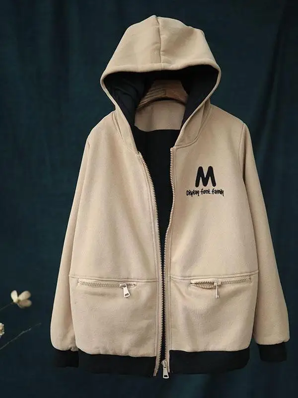 Femmes grande taille automne hiver à capuche lettre broderie ouvert Cardigan sweat Jaet coupe ample longue Sve