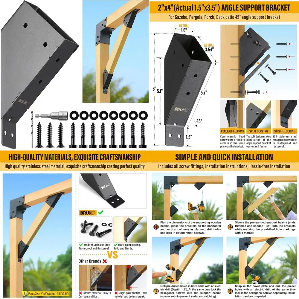 

Угловые опорные кронштейны 45 градусов для пиломатов 1,5x3,5, идеально подходят для перфолей, бесед, палуб и крыльев.