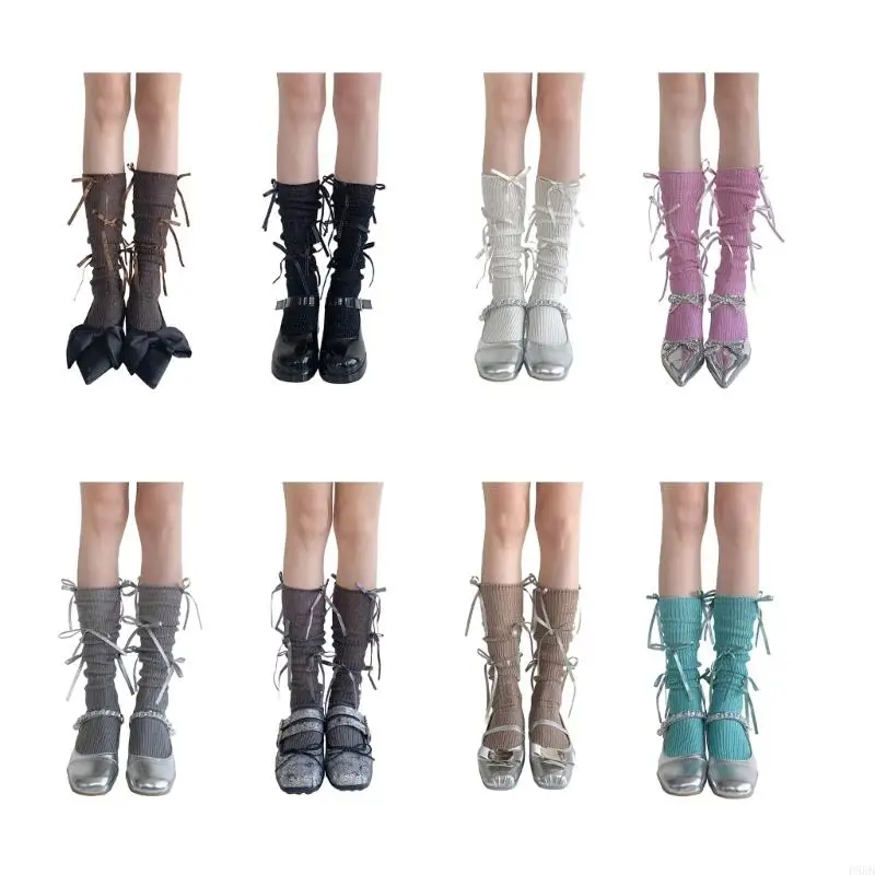 P88B Women Girls Japanese Shimmering Rib Knitted Over Calf Socks Sweet Ribbon Bowknot Loose Slouch Long Socks Stocking