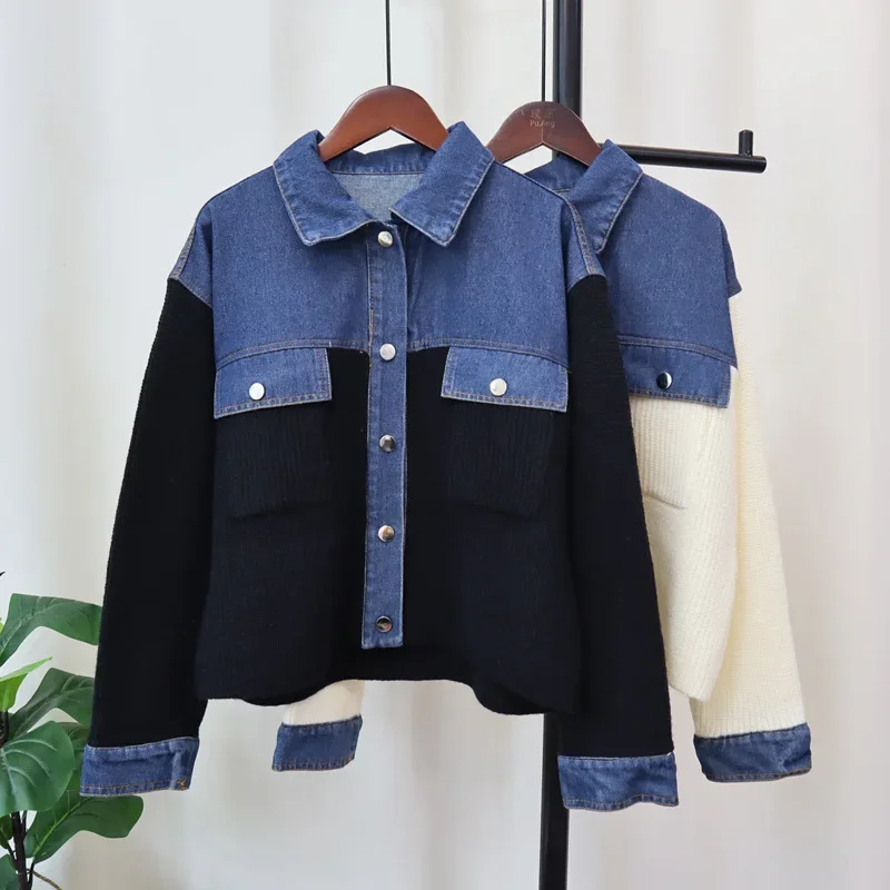Denim Sweater 2024 Women Cardigan Kintted Button Patchwork Spring Autumn Vintage Winter Streetwear Y2k Jumper Coat Cardigans