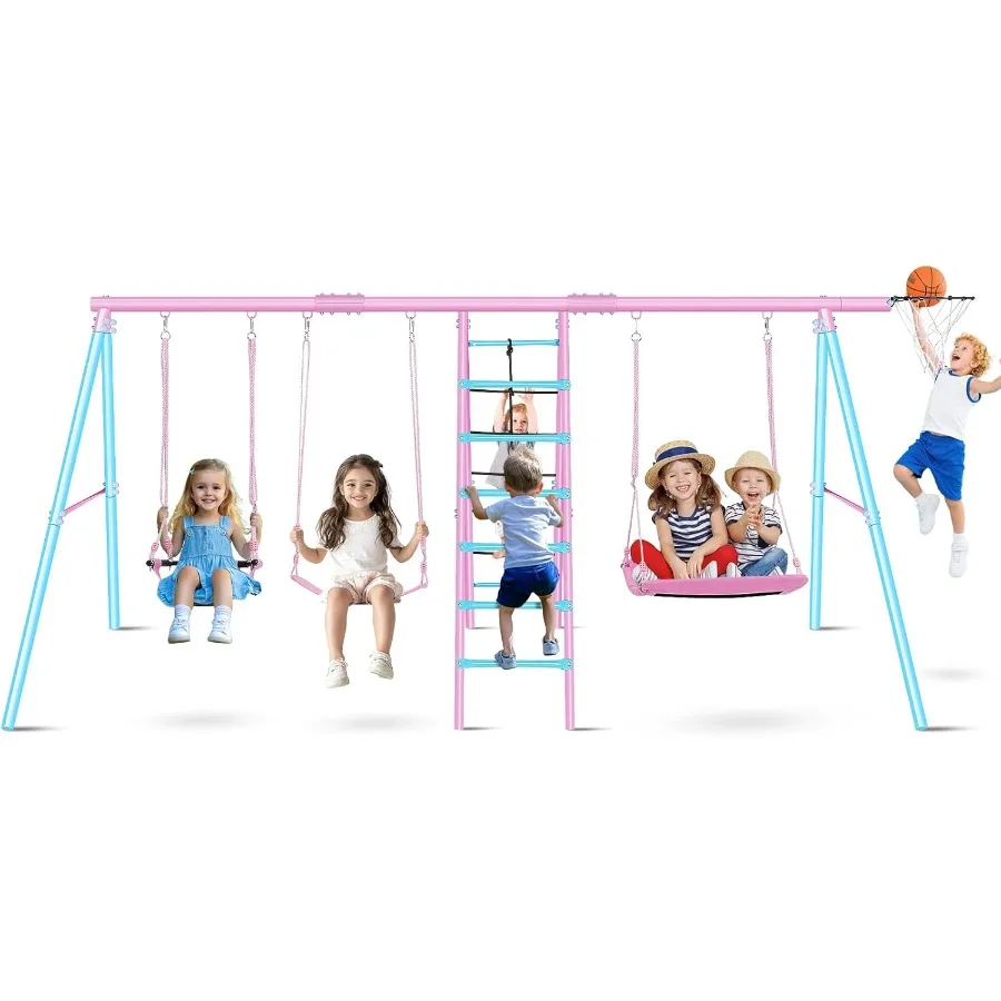 

Outdoor 6 in 1 Multifunction Swing Set for Backyard with Heavy Duty Metal Frame 700 lbs Capacity 3 Adjustable Swings Climbing L