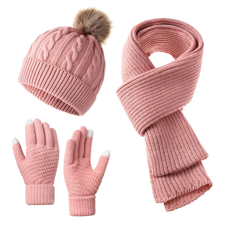 Women New Year Christmas Red Hat Scarf Gloves 3 Pieces Set Autumn Winter Outdoor Windproof Warm Knit Muffler Hats and Caps