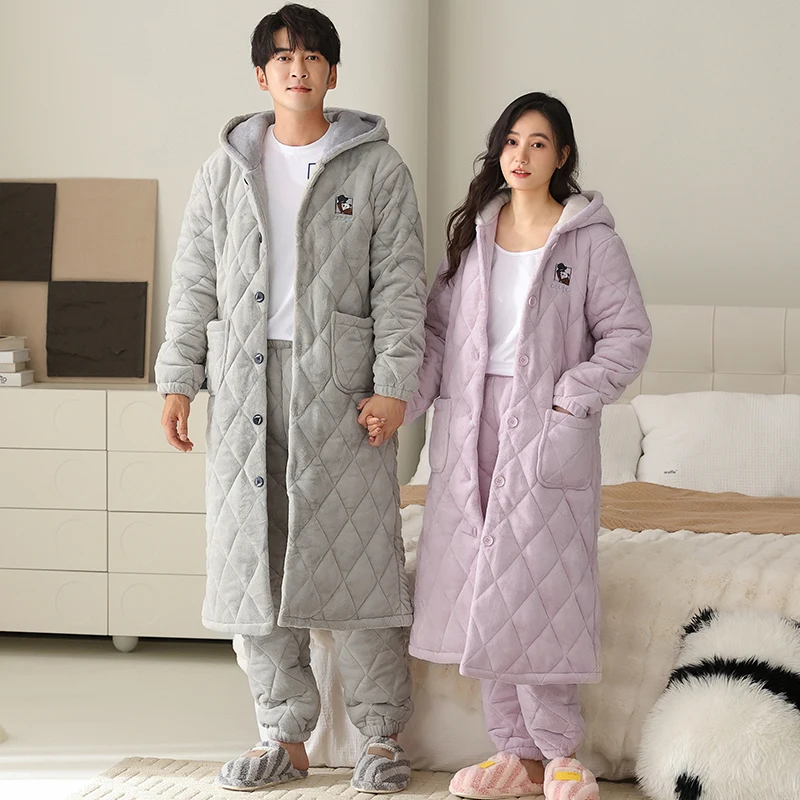 Big Size M-4XL 2 Pieces Set Couple Hooded Robe+Pant Winter 3 Layer Clip Cotton Robe Thick Warm Men and Women Pijamas