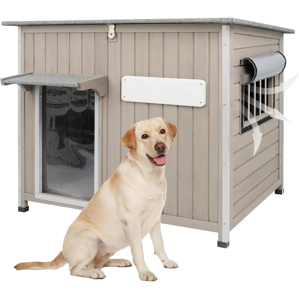 

Dog House Outdoor Weatherproof & Wooden Dog Kennel with Chew-Proof Iron Frame，Removable Floor, Adjustable Vent Window, Easy Asse