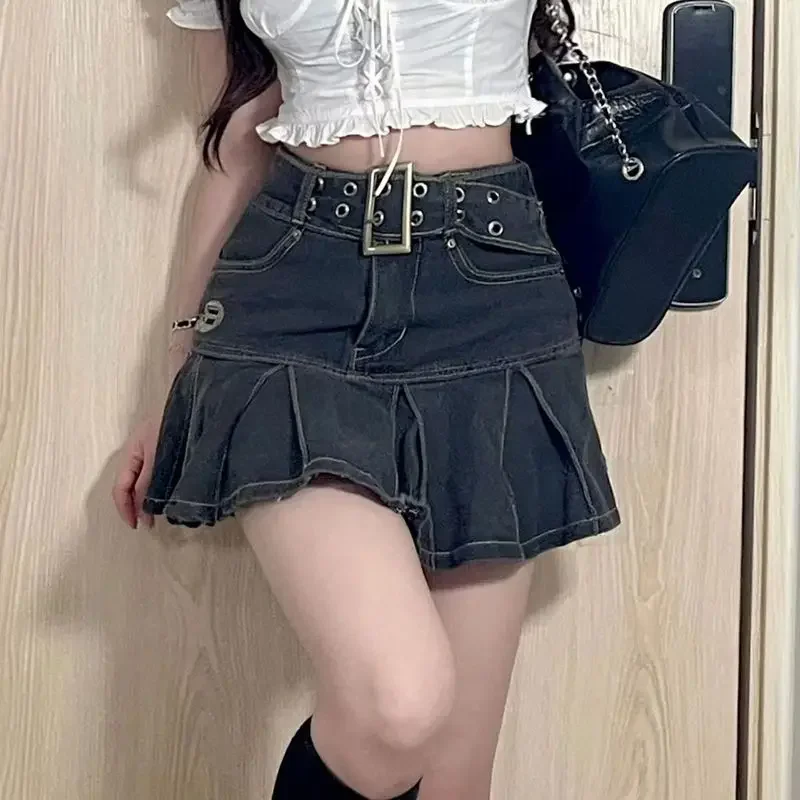 

Women's Summer 2024 New Vintage High Waist Solid Color Patchwork Ruched Pocket Drawstring Metallic Denim A-line Pleated Skirts