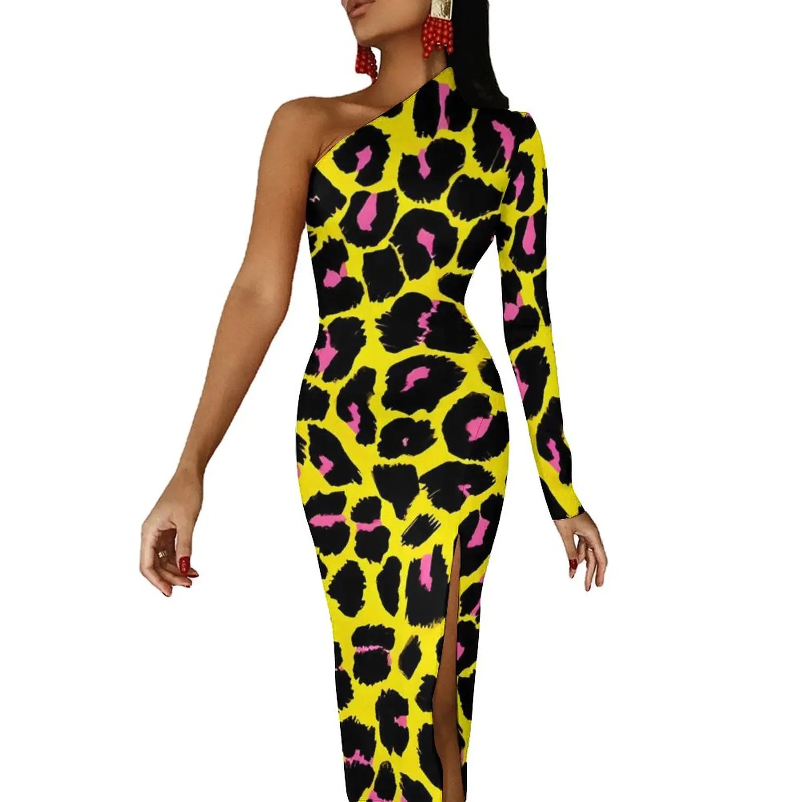 Leopard Long Dress Women Yellow Pink and Black Aesthetic Maxi Dress Spring Elegant Bodycon Dresses High Slit Design Vestidos