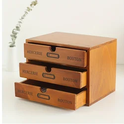 1pc Vintage Wooden Storage Drawer, Office Desktop Storage Box, 1/2/3-layer Drawer Type Small Cabinet, Multi-functional Storage