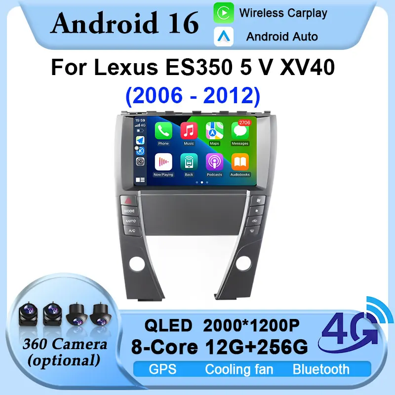 High-definition ultra-thin Screen Android 16 Car Radio For Lexus ES350 5 V XV40 2006 - 2012 Stereo Multimedia Player BT Carplay