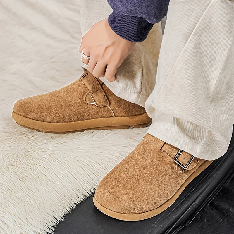 Chaussures d'hiver pour hommes, chaussures épaisses et moelleuses doublées en coton, chaussures chaudes en fourrure, bottes de neige à bout rond, Style loisirs, chaussures à fond plat