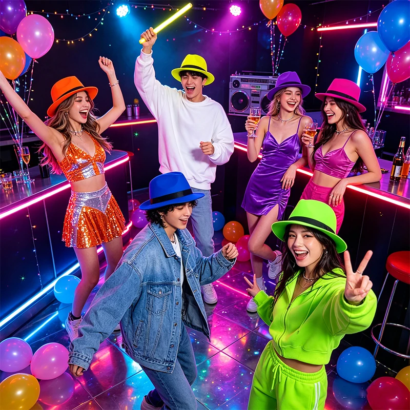 

Colorful Neon Plastic Hats for Party 80S 90S Disco Birthday Gangster Music Dance Party Supplies Yellow Pink Blue Orange Green