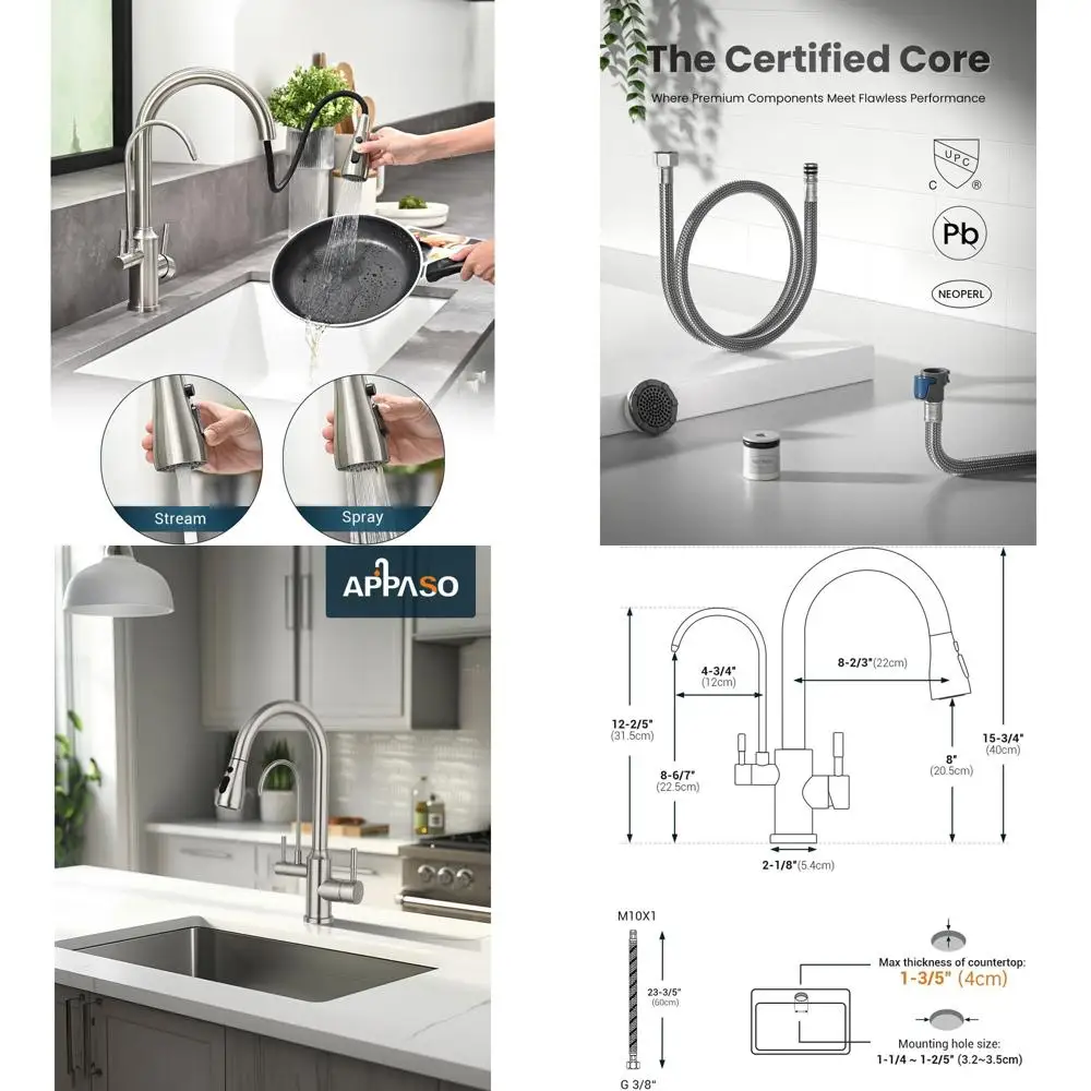 

3-Way Pull-Out Spray Kitchen Faucet with High Arch and Dual Handles in Brushed Nickel, No Built-In Filter