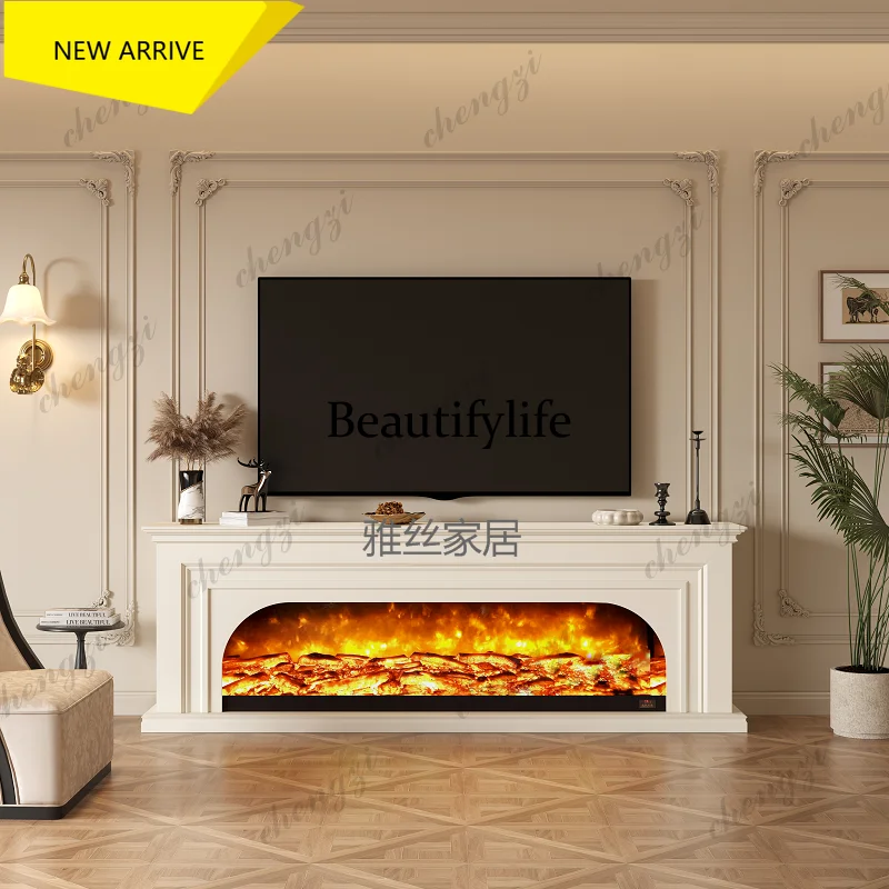 a95 French Cream Wind Fireplace TV Cabinet Living Room Background Wall Retro Simulation Fire TV Cabinet Solid Wood Entrance Cabi