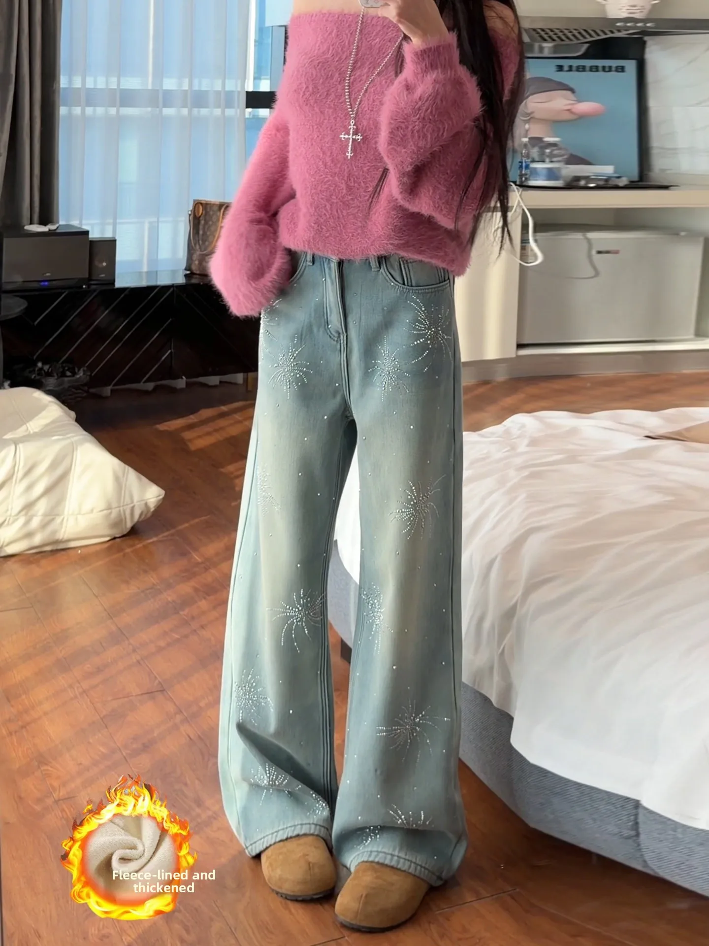 

Fashionable Sparkling Diamond Embellished Fleece Lined Slim Fit Women's Jeans High Waist Straight Leg Wide Leg Pants
