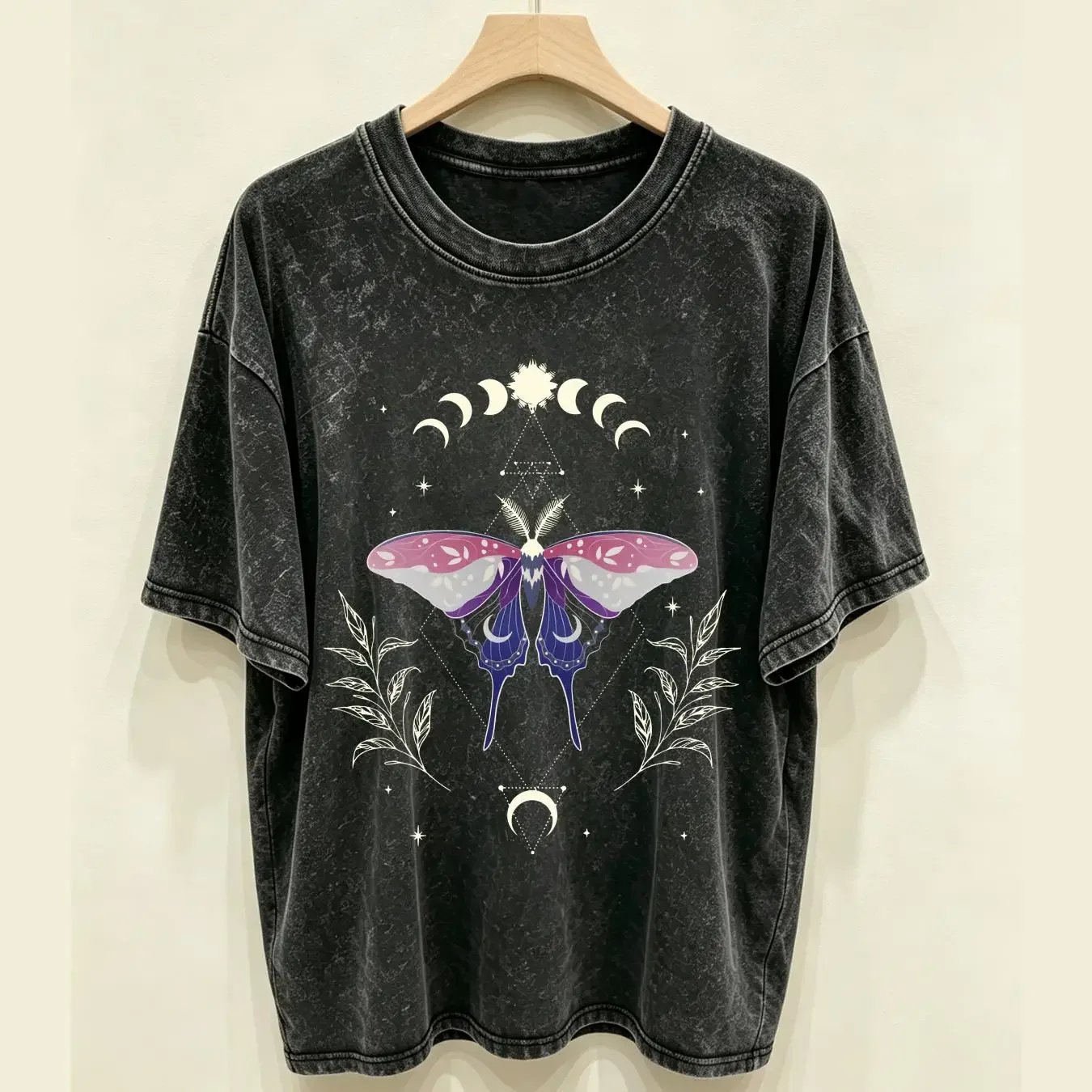 washed T Shirt Genderfluid Pride Non Binary LGBT Gender Fluid Flag Transgender Trans Subtle Luna Moth Moon Phase Cottagecore