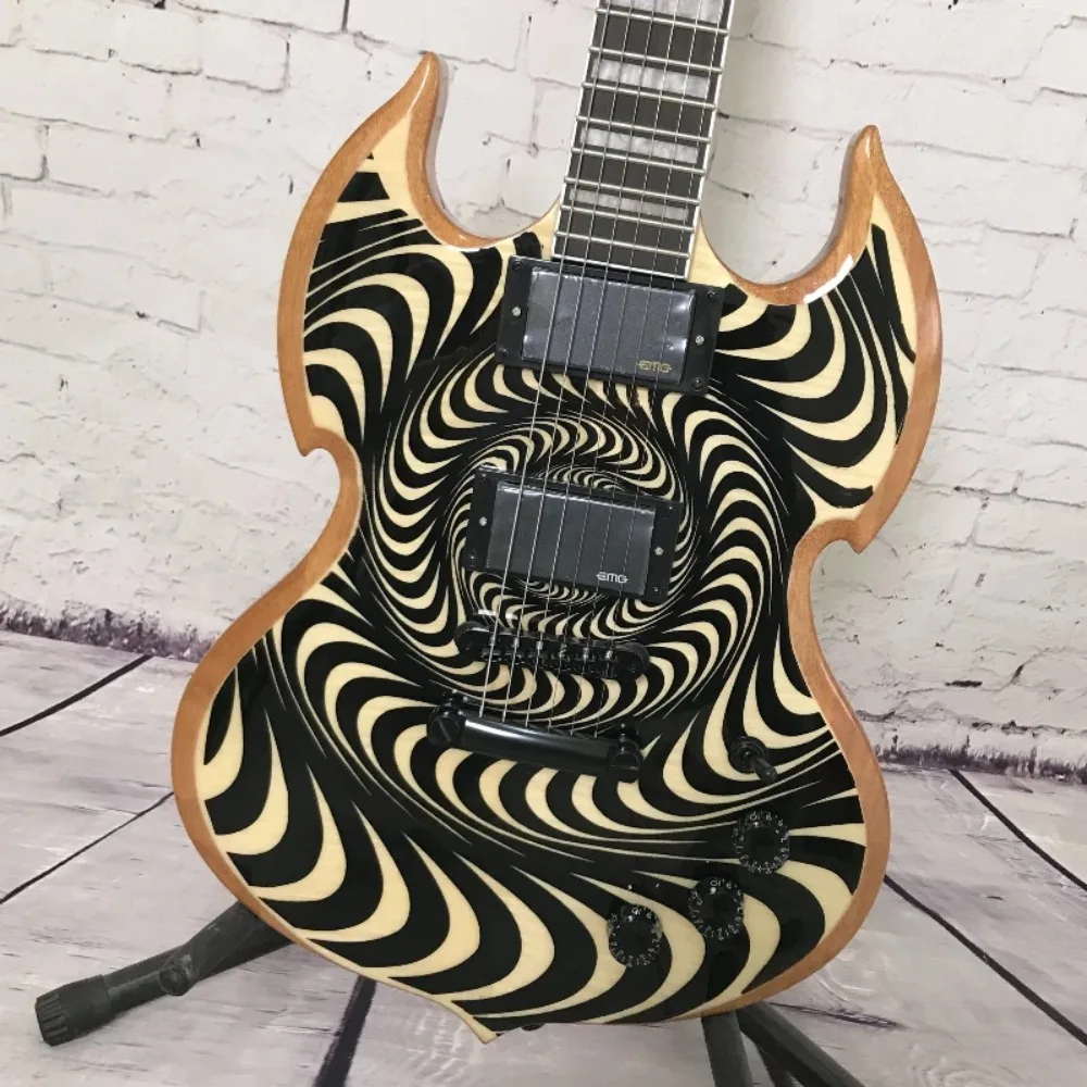 Kite Natural Wood with Black White Spiral Custom Swirl Pattern Electric GuitarHH PICKUP Optical Illusion Design Free Shipping