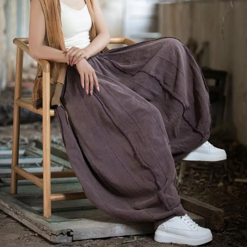 ใหม่ 2025 ฤดูใบไม้ผลิฤดูร้อนศิลปะสไตล์ผู้หญิงเอวผ้าฝ้ายผ้าลินินกางเกงขากว้าง Patchwork หลวมสบายๆความยาวกางเกง 3119