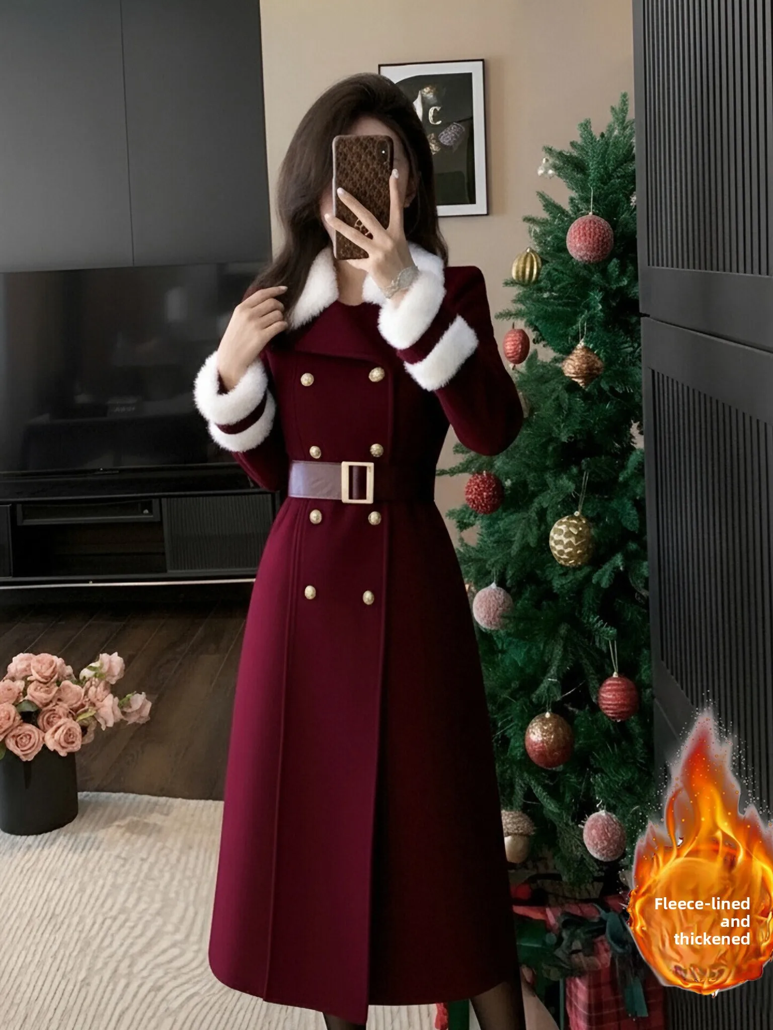 

Утепленное флисовое женское шерстяное пальто средней длины, элегантное, с поясом, на длинных рукавах, двубортное, из смесового полиэстера