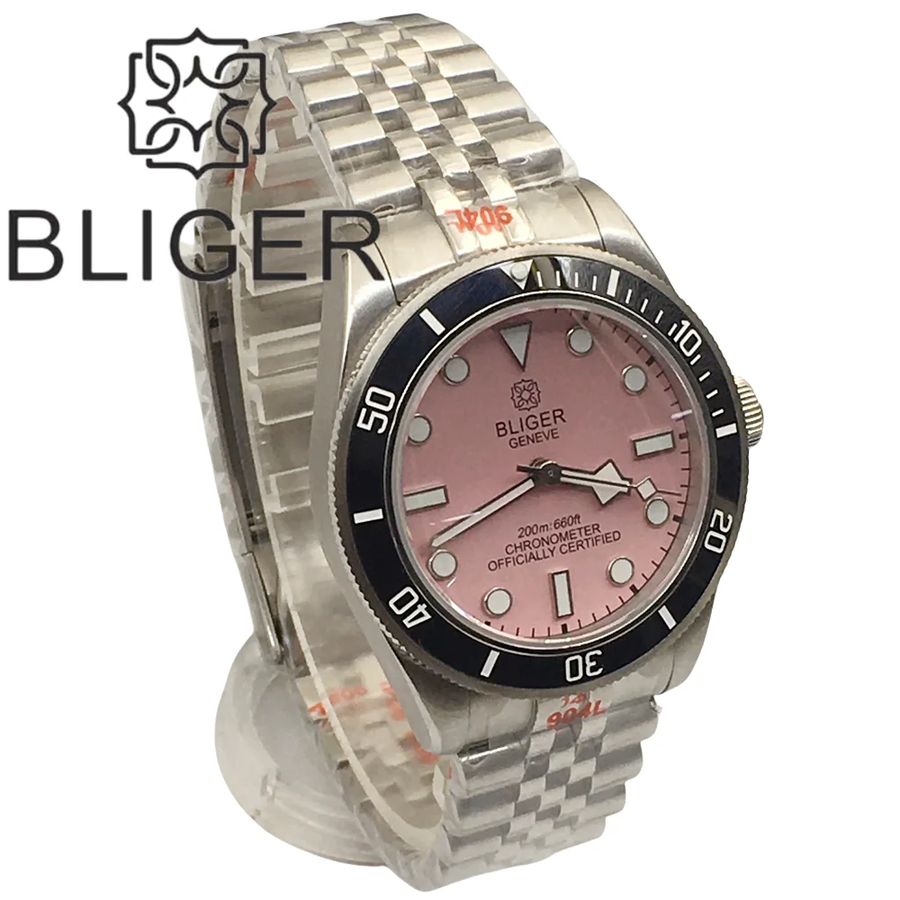 BLIGER 39mm Dive Watch NH35 Automatic Mechanical Pink Dial apphire Ceramic Insert Rotating Luminous Waterproof Fashion Watch