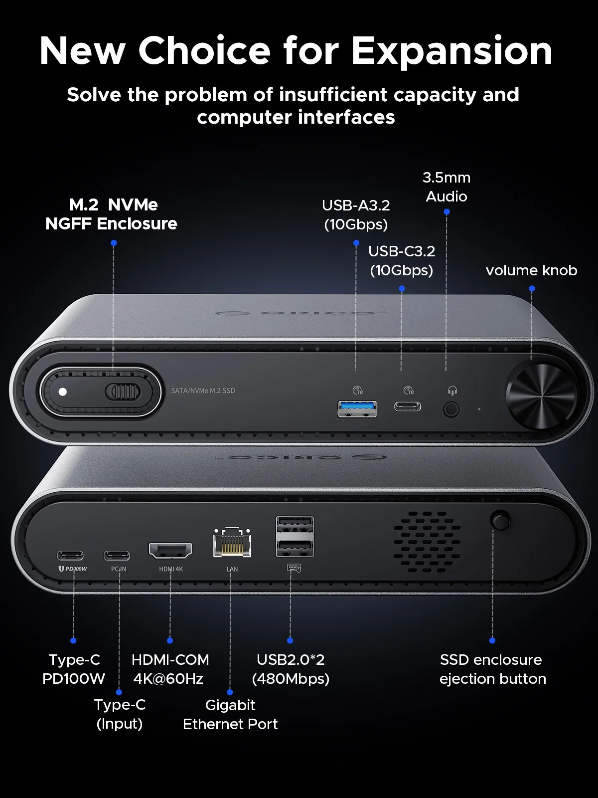 ORICO 10 in1 USB C Docking Dtation with M.2 SSD Enclosure PD100W Charging Ethernet 4K60Hz HDMI-com 3.5mm Audio Volume Control