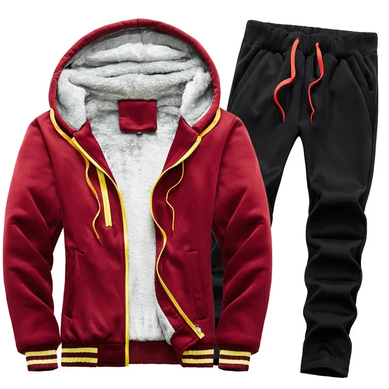 Immagine 6: Completi da uomo invernali, giacca calda e spessa con cerniera e cappuccio, felpa con cappuccio e pantaloni, abbigliamento sportivo di marca, capo casual in pile, felpa con cappuccio.
