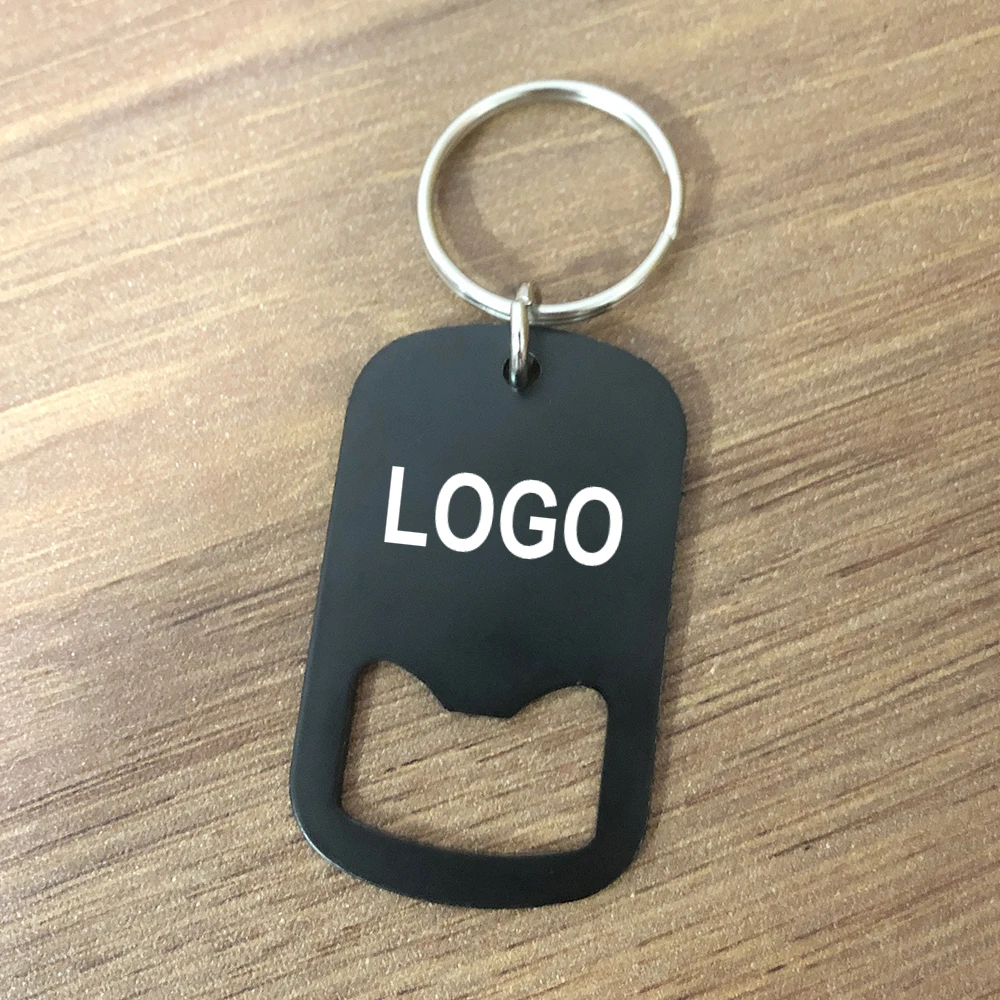 50pcs Customized Black Bottle Opener Key Chain Company Logo Fashion Stainless Steel Keyring Father's Gift Keychain