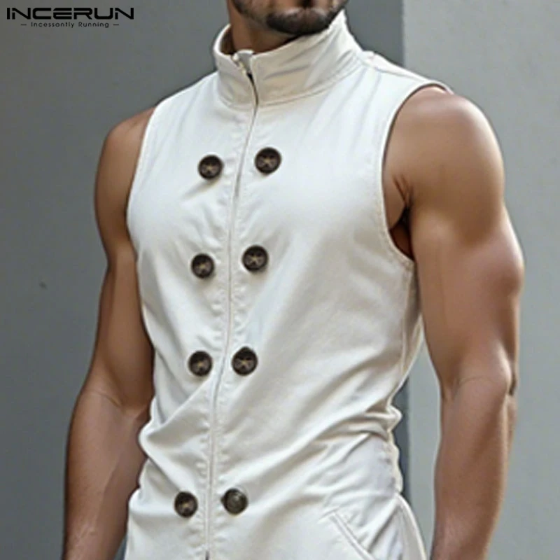 

INCERUN Men Long Style Vests Solid Color Double Breasted Casual Male Waistcoats High Street Sleeveless Fashion Long Cardigan Men