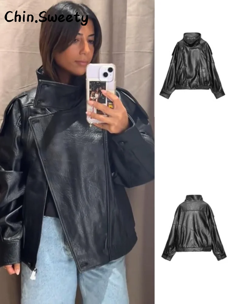 

Street Women's Stand Collar Leather Jacket Loose Long Sleeve Zipper Pockets Coats Female 2025 Autumn Winter Lady Chic Outerwear