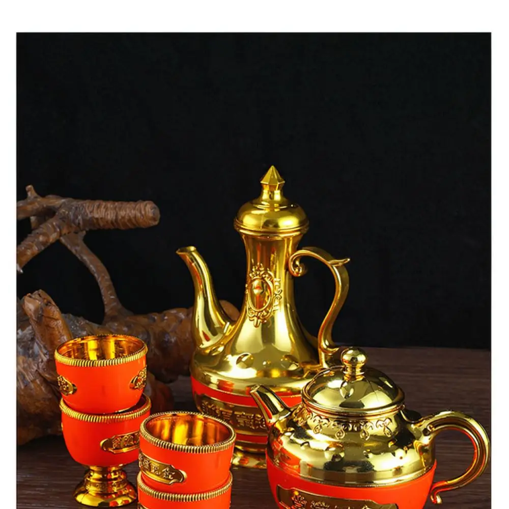 Ceremonial Buddhist Offering Supplies Gold Plated Plastic Wine Kettle Teapot Cup Lotus Plate For Ritual Prayer Home Decor