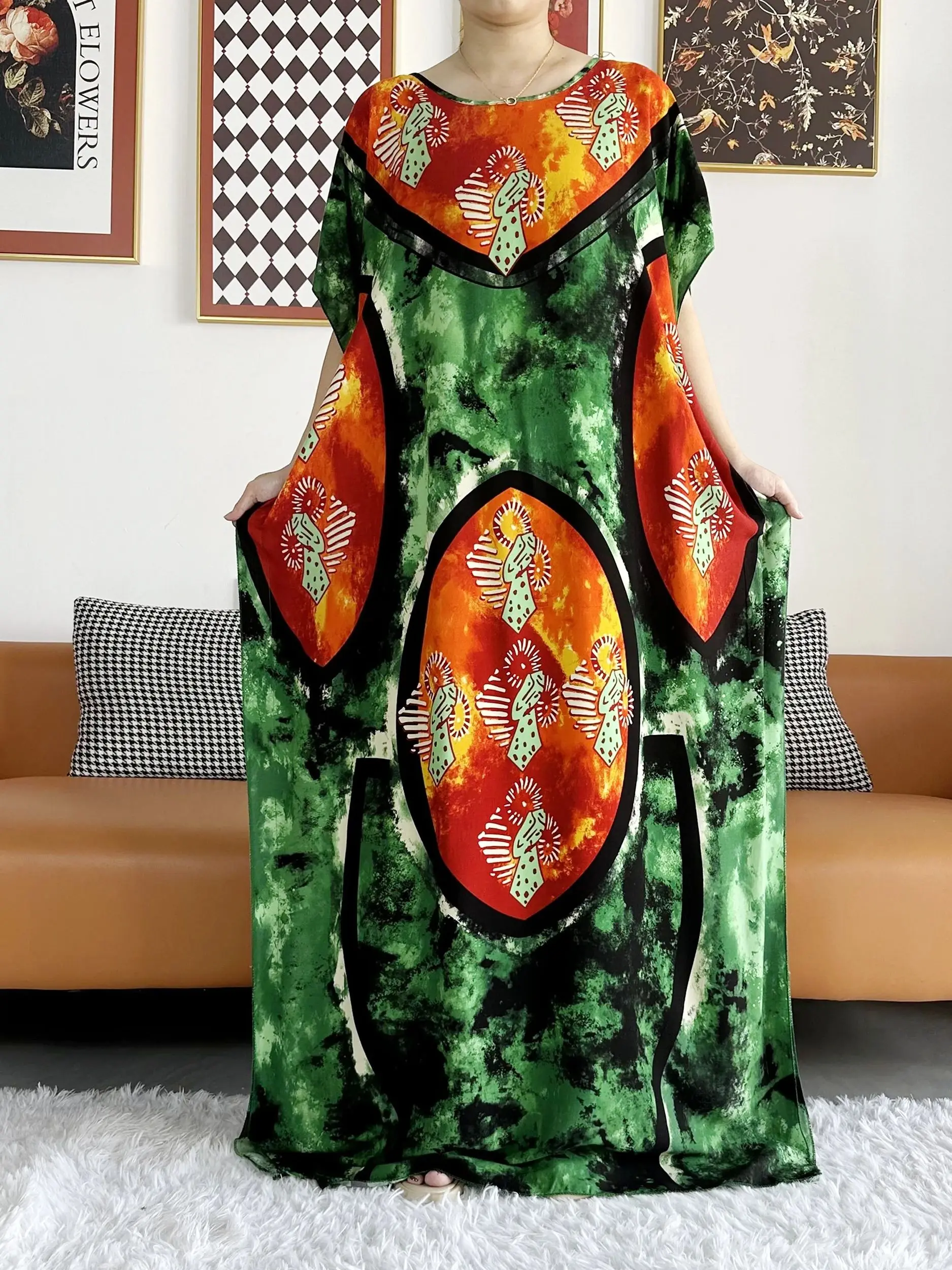 2023 Summer African Short Sleeve  100% Cotton Dresses With Big Scarf Loose Printing Floral Boubou Maxi Islam Women Abaya Clothes