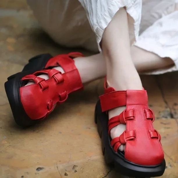 

Женские сандалии Birkuir в стиле ретро с закрытым носком, босоножки на толстом каблуке, петля на крючках, 2022, шлепанцы из натуральной кожи на плоской платформе, Roma