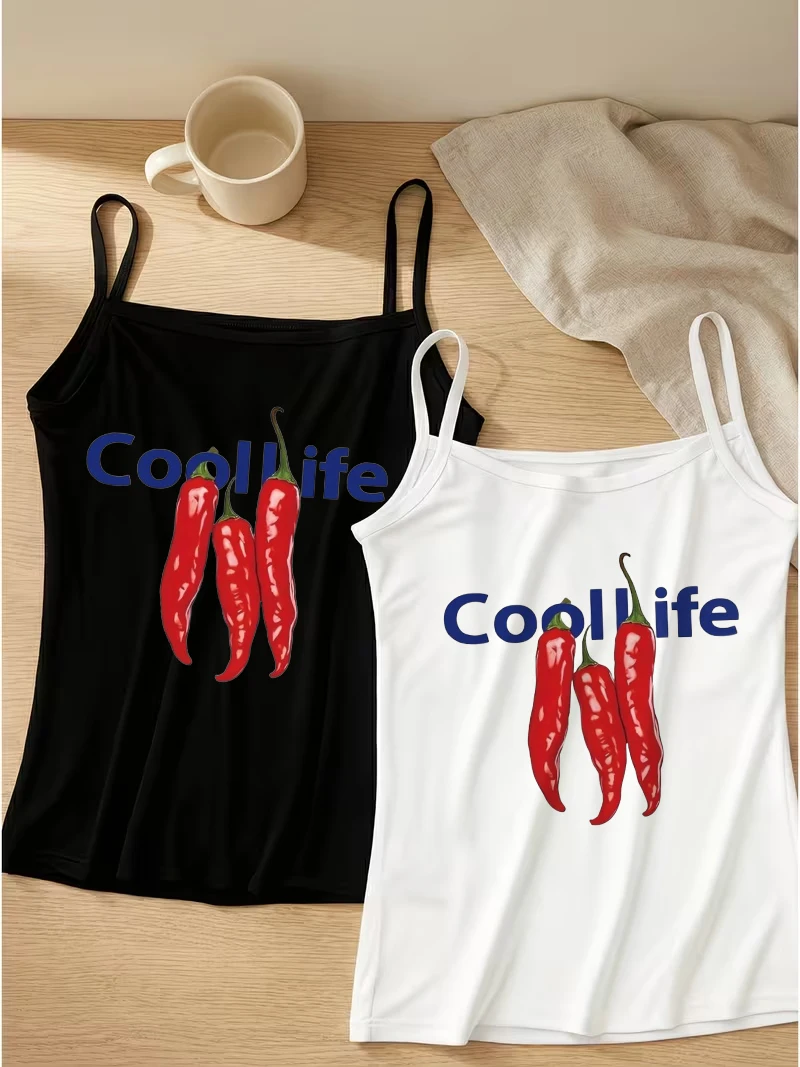 Y2K Chili Pepper Graphic Camisole Women Cool Life Letter Print Tank Top Vintage Retro Red Hot Pepper Slim Fit Black White Cami