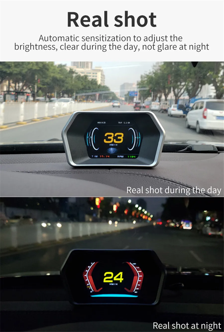 HUD-P17 Car Digital OBD2 and OBD Port Driving Computer Display ECT VLT FUE RPM TIM MIN DIS MAP OIT A/F TCP PSI RTC ALS DIR