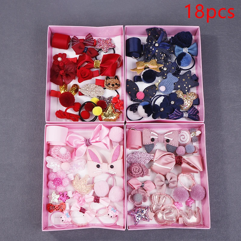 18Pcs/Box Hair Clip Set Cute Girl Hair Clip Headwear Bow Flower Animal Hairpin Hair Ring Cartoon Elastic Headdress Gift