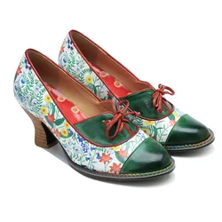 Socofy Raffan Luxury Summer Vintage Printed Genuine Leather Block Mid Heel Ankle Hook Loop Women Pumps