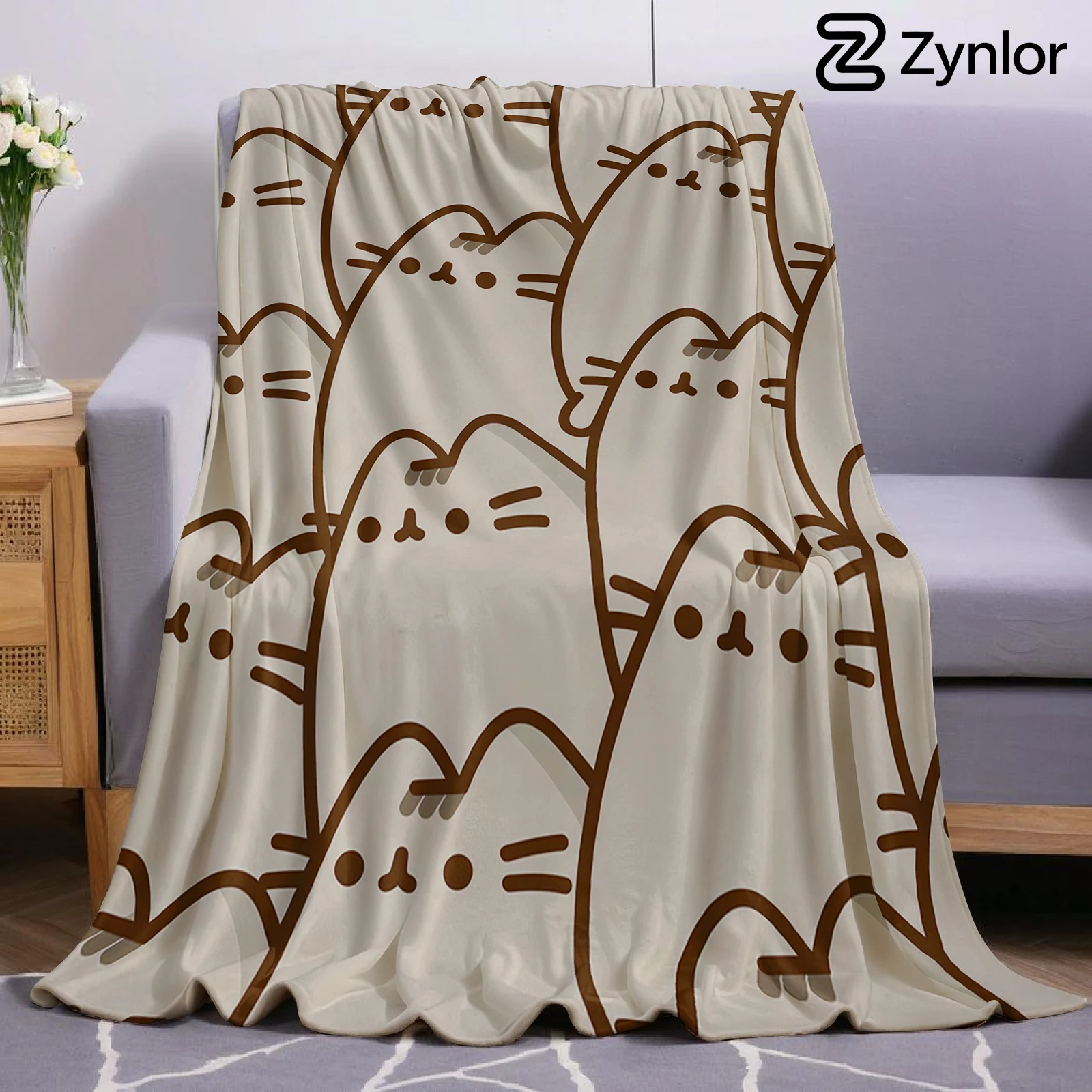 Image of Line Art Pusheen Cartoon Anime Druck Flanelldecke Weiche Warme Decke für Kinderzimmer Sofa Bett Weihnachten Büro Auto