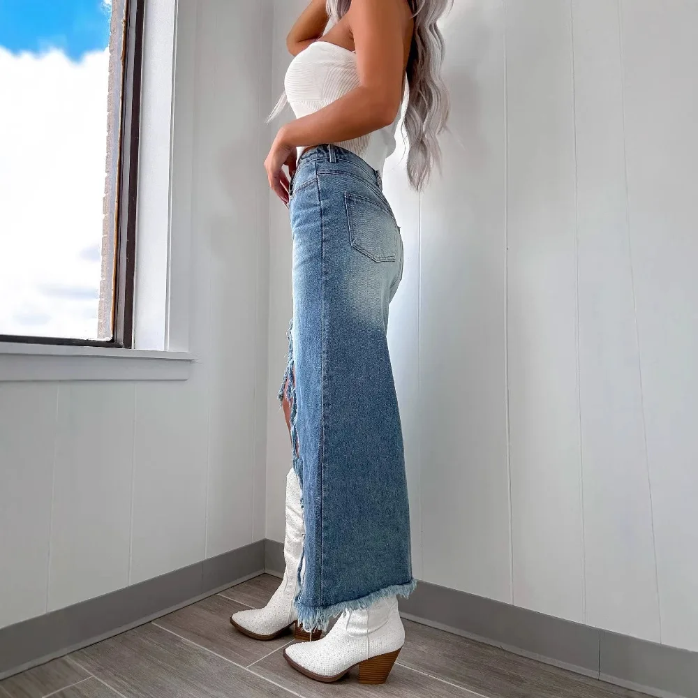 

2025 High Waist Asymmetrical Hem Denim Skirt Women Sexy Midi Skirt Slim Fit Pure Color Other Material Spring Season Faion