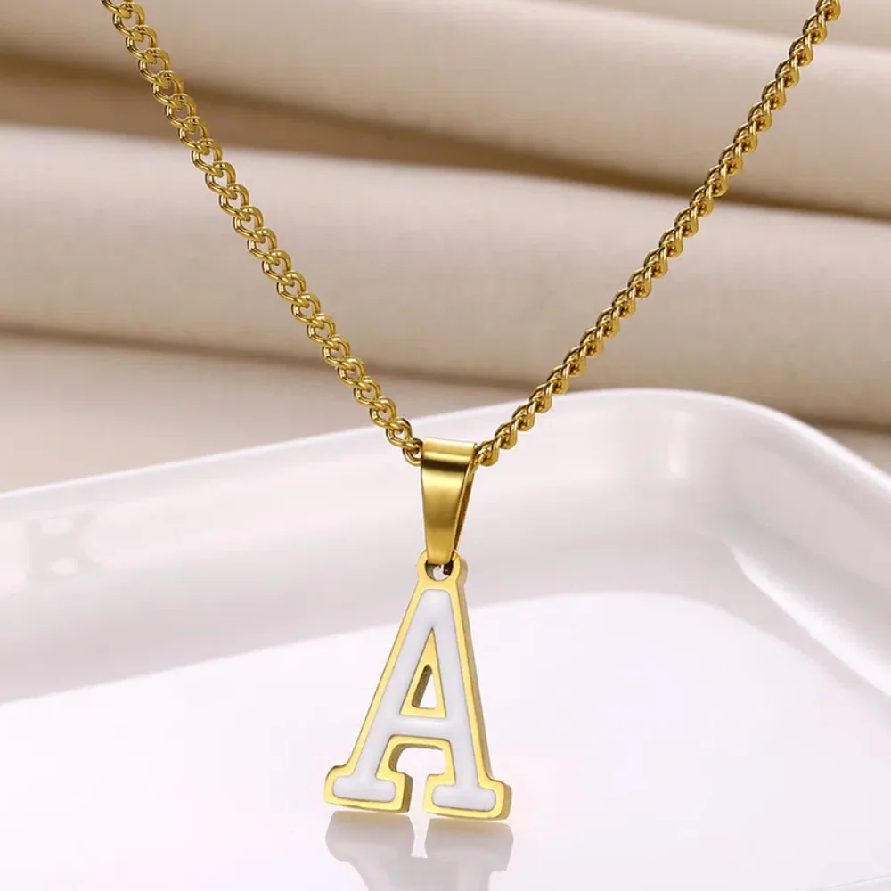 Stainless Steel Vintage Initial Letter Pendant Necklace Women Unisex Gold color A-Z Oil Dropping Cuban Chain Choker Jewelry Gift