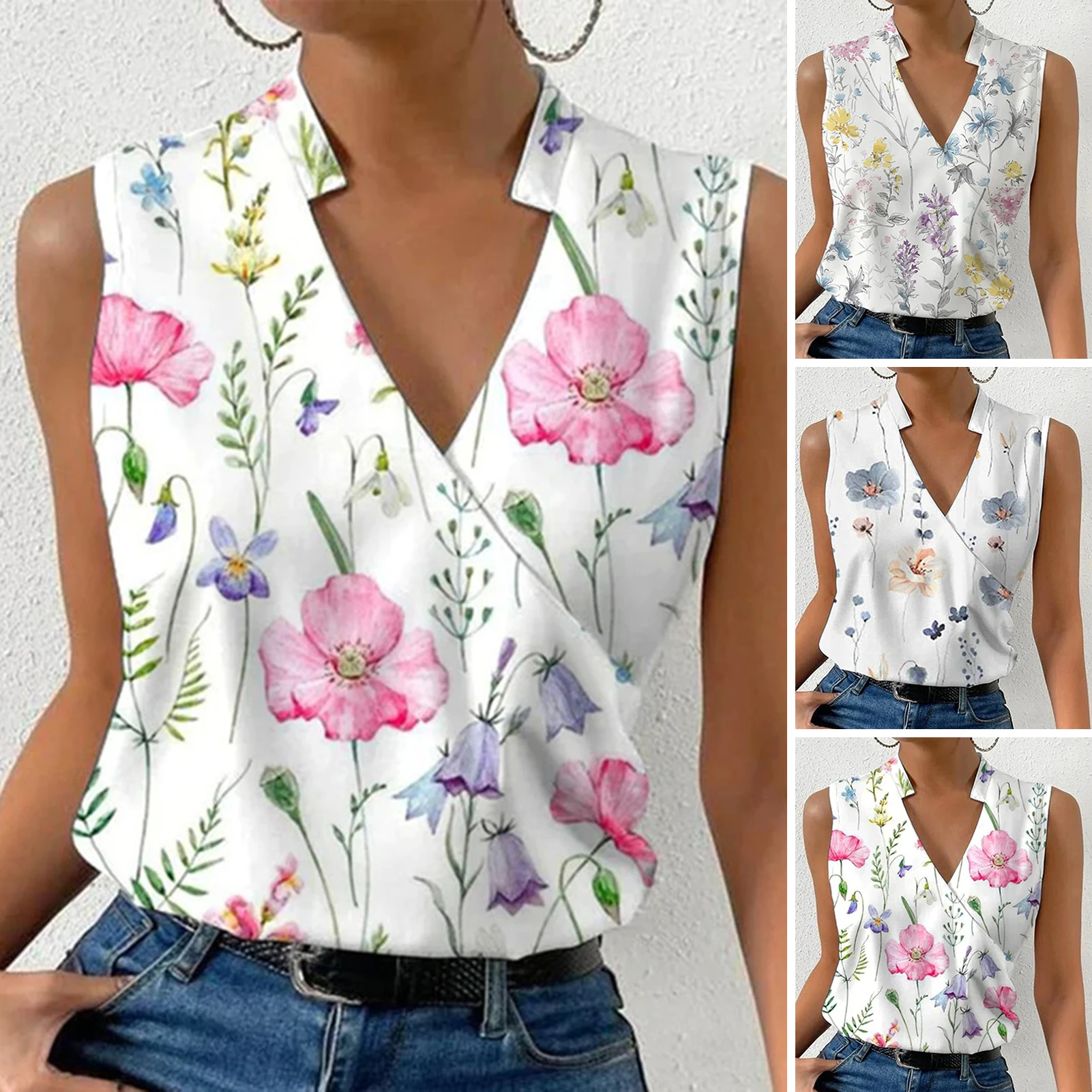 Attractive Lady Shirt Elegant Sleeveless Washable Summer Flower Print T-Shirt Lady Blouse  Women Blouse Dress-up