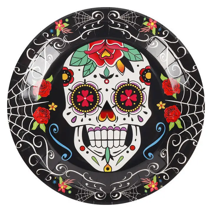 The Day of the Dead Party Supplies Disposable Paper Plate, Paper Cup, Tissue Set, Flower Skull Halloween Utensils