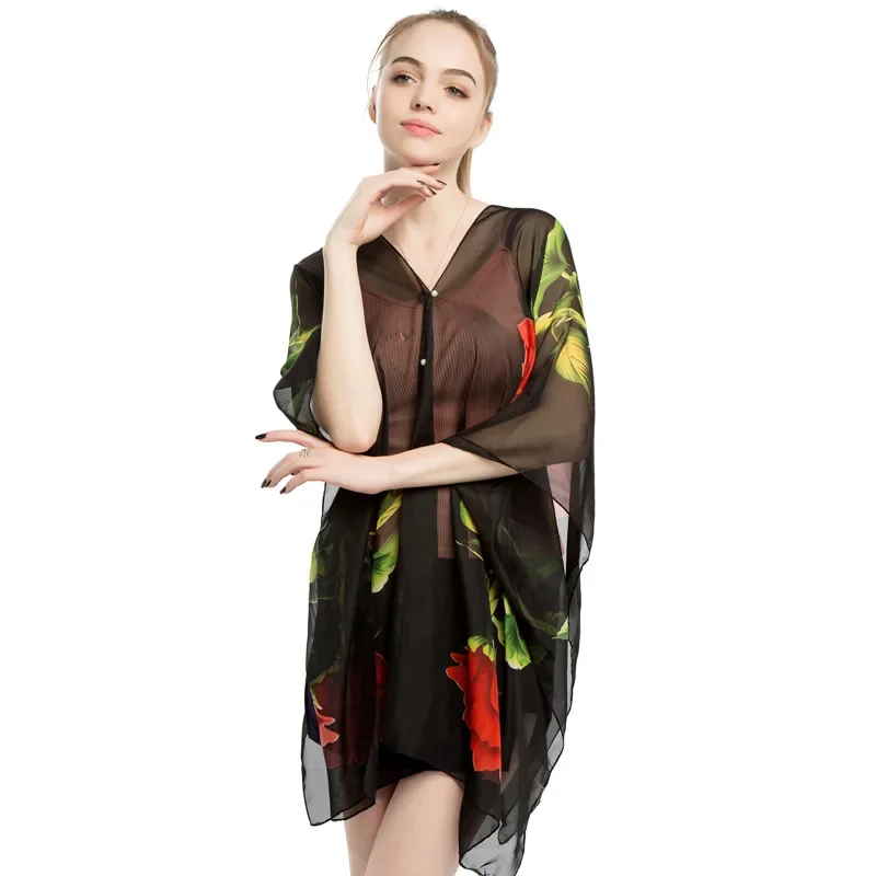 2025 Summer Poncho Capes Cycling Sunshade Shawl Women Silk Scarf New Chiffon Printing Sunscreen Lady Shawl Cloak Black