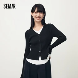 Semir 2023 Women Sweater Fake Two-Piece Temperament Contrast Color All-Match Tight-Fitting V-Neck Pullover Looks Thin Sweater