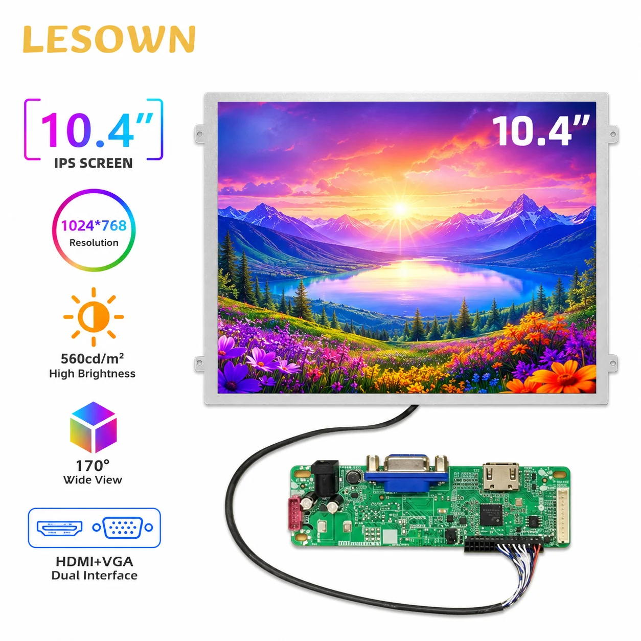 LESOWN 10.4" 1024x768 Screen Setup Plug & Play 700:1 Contrast Monitor Panel for Industrial Equipment