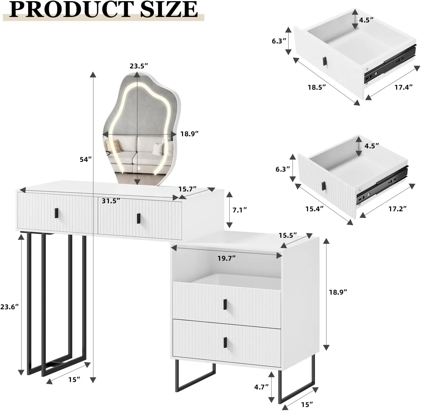 Wit Kaptafel Met 3-kleuren Touchscreen Verlichte Spiegel, 5 Laden, Make-Up Kaptafel Set Met Lichtkaptafel